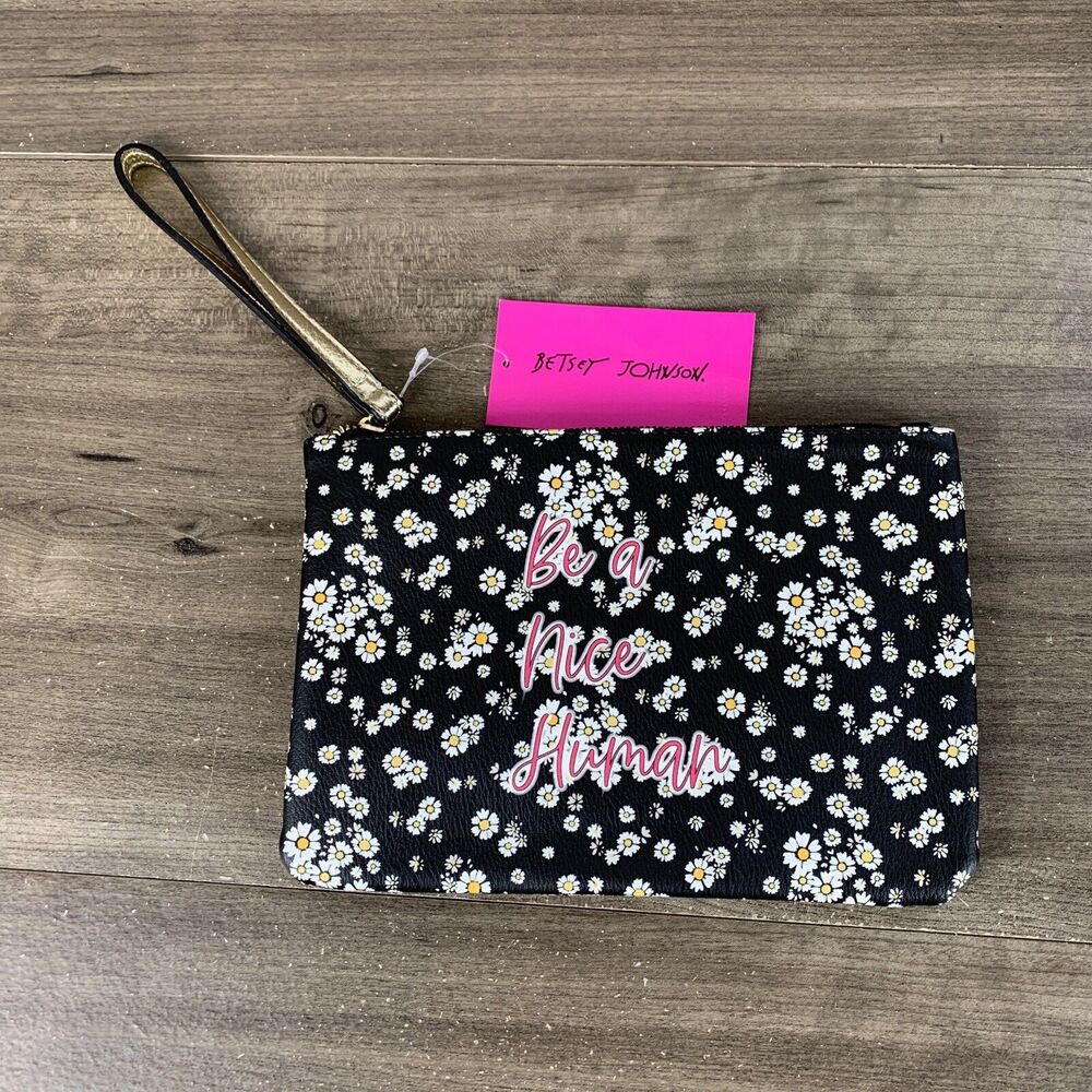 Betsey Johnson Be a Nice Human Floral Print Wristlet Pouch, Black Multi,